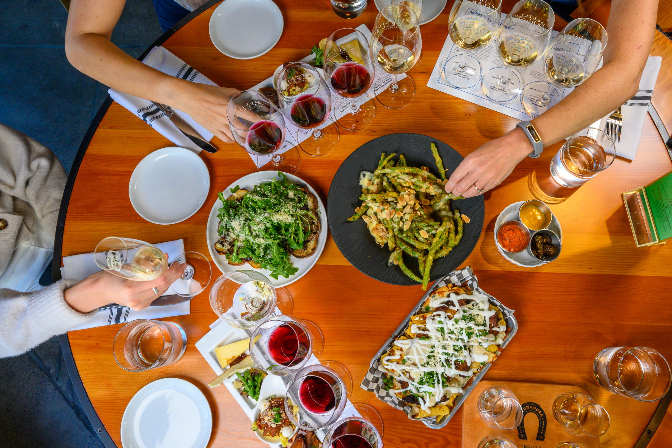 smoked brisket nachos, mushroom toast, and tempura peas at woodinville restaurant